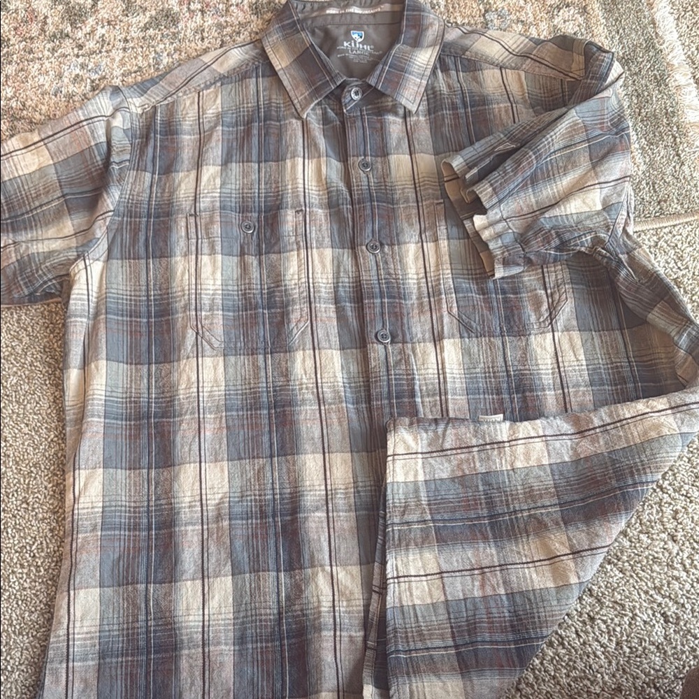 Kuhl Men's Casual Plaid Shirt - Gray and Brown size L great pattern
